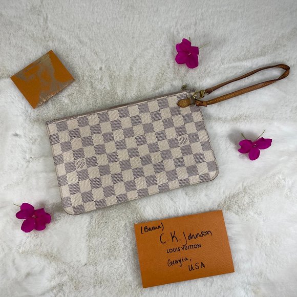 Louis Vuitton Handbags - Louis Vuitton Neverfull Clutch Damier Azur Rose Ballerine White Check Pink